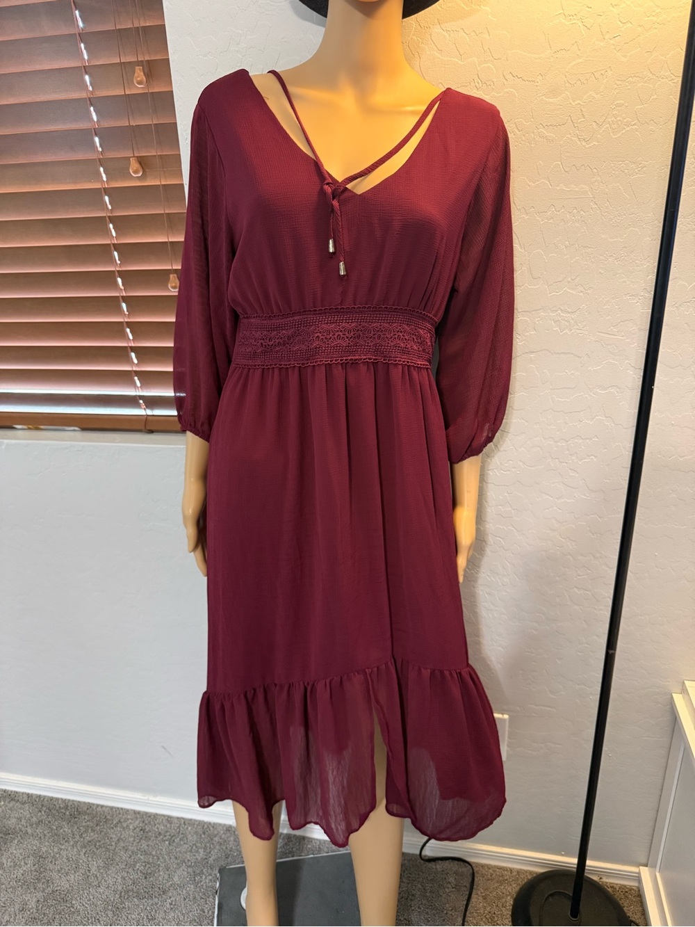 $8 Women's Burgundy Midi Dress with Crochet Waist$8 WHEN BUNDLED WITH 3 OR MORE - Picture 3 of 10